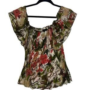 Tribal Pleated Scoop Neck Cap Ruffle Sleeve Sequin Tropical Size Small Vacation
